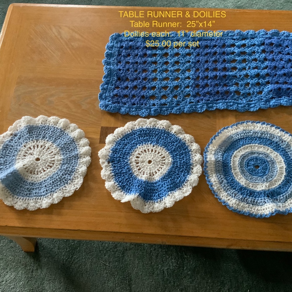 Beautiful Hand Crocheted Table Runner and 3 Doilies